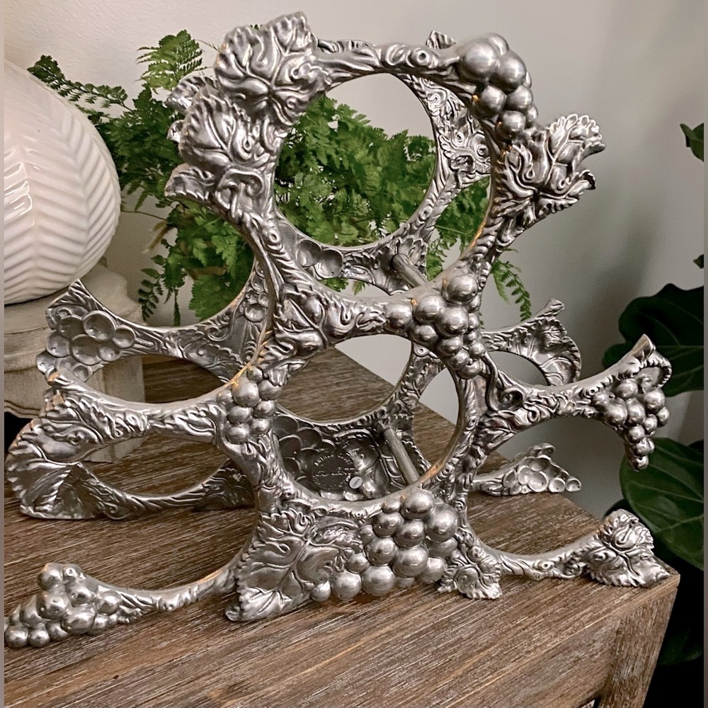 Vtg Arthur Court Wine Rack Grape Vine Cast Aluminum Bottle Holder Silver